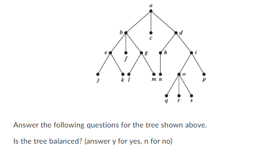 kl
00
C
no
m n
d
Answer the following questions for the tree shown above.
Is the tree balanced? (answer y for yes, n for no)
