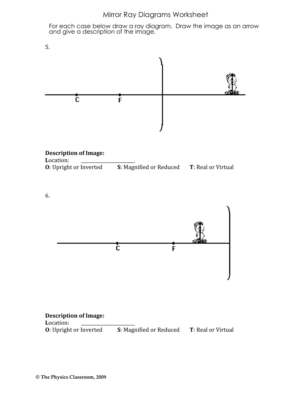 Mirror Ray Diagrams Worksheet
For each case below draw a ray diagram. Draw the image as an arrow
and give a description of the image.
5.
F
Description of Image:
Location:
0: Upright or Inverted
S: Magnified or Reduced
T: Real or Virtual
6.
C
Description of Image:
Location:
0: Upright or Inverted
S: Magnified or Reduced
T: Real or Virtual
© The Physics Classroom, 2009
