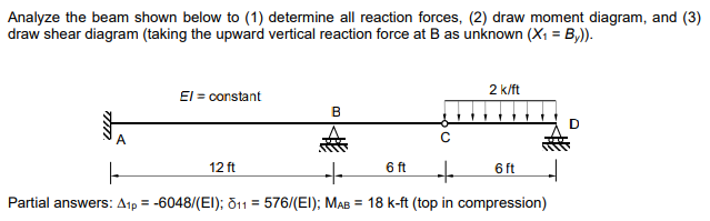 Analyze the beam shown below to (1) determine all reaction forces, (2) draw moment diagram, and (3)
draw shear diagram (taking the upward vertical reaction force at B as unknown (X₁ = B,y)).
El = constant
12 ft
C
ㅏ
+
+
Partial answers: A1p = -6048/(EI); 811 576/(EI); MAB = 18 k-ft (top in compression)
2 k/ft
6 ft
6 ft