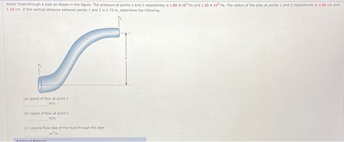 Water flows through a pipe as shown in the figure. The pressure at points 1 and 2 respectively is 1.80 x 10³ Pa and 1.20 x 10³ Pa. The radius of the pipe at points 1 and 2 respectively is 3.00 cm and
1.10 cm. If the vertical distance between points 1 and 2 is 2.75 m, determine the following.
(a) speed of flow at point 1
m/s
(b) speed of flow at point 2
m/s
(c) volume now rate of the fluid through the pipe
m³/s
Additional Materials