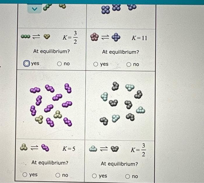 00018
11
3
At equilibrium?
yes
O yes
K=
O no
8
8
At equilibrium?
O no
3/2
K=5
88
O yes
At equilibrium?
11
38
K=11
O yes
O no
8 K=
At equilibrium?
O no
3/2