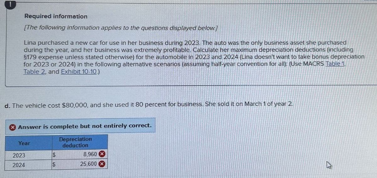 Required information
[The following information applies to the questions displayed below]
Lina purchased a new car for use in her business during 2023. The auto was the only business asset she purchased
during the year, and her business was extremely profitable. Calculate her maximum depreciation deductions (including
§179 expense unless stated otherwise) for the automobile in 2023 and 2024 (Lina doesn't want to take bonus depreciation
for 2023 or 2024) in the following alternative scenarios (assuming half-year convention for all): (Use MACRS Table 1.
Table 2, and Exhibit 10-10.)
d. The vehicle cost $80,000, and she used it 80 percent for business. She sold it on March 1 of year 2
Answer is complete but not entirely correct.
Year
Depreciation
deduction
2023
S
8,960 X
2024
$
25,600 x