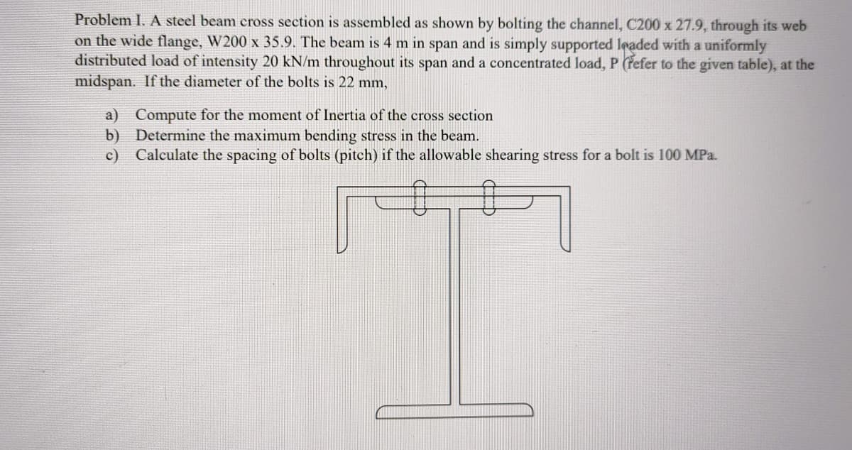 Problem I. A steel beam cross section is assembled as shown by bolting the channel, C200 x 27.9, through its web
on the wide flange, W200 x 35.9. The beam is 4 m in span and is simply supported leaded with a uniformly
distributed load of intensity 20 kN/m throughout its span and a concentrated load, P (fefer to the given table), at the
midspan. If the diameter of the bolts is 22 mm,
a) Compute for the moment of Inertia of the cross section
b) Determine the maximum bending stress in the beam.
c) Calculate the spacing of bolts (pitch) if the allowable shearing stress for a bolt is 100 MPa.
