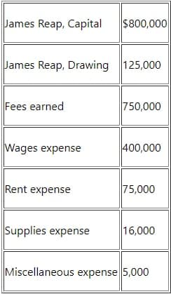 James Reap, Capital
$800,000
James Reap, Drawing 125,000
Fees earned
750,000
Wages expense
400,000
Rent expense
75,000
Supplies expense
16,000
Miscellaneous expense |5,000
