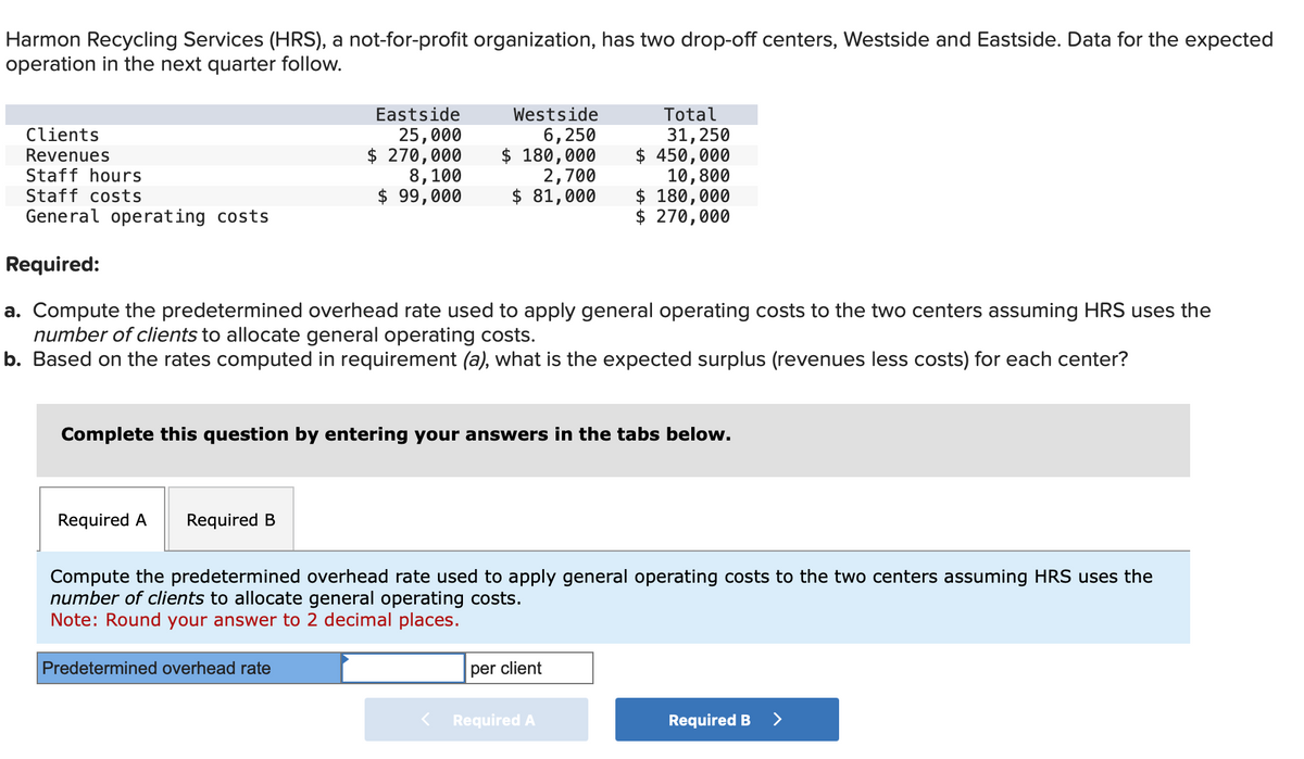Harmon Recycling Services (HRS), a not-for-profit organization, has two drop-off centers, Westside and Eastside. Data for the expected
operation in the next quarter follow.
Clients
Revenues
Eastside
25,000
$ 270,000
8,100
$ 99,000
Required A Required B
Westside
6,250
$ 180,000
2,700
$ 81,000
Staff hours
Staff costs
General operating costs
Required:
a. Compute the predetermined overhead rate used to apply general operating costs to the two centers assuming HRS uses the
number of clients to allocate general operating costs.
b.
Based on the rates computed in requirement (a), what is the expected surplus (revenues less costs) for each center?
Complete this question by entering your answers in the tabs below.
Predetermined overhead rate
Total
31,250
$ 450,000
10,800
$ 180,000
$ 270,000
Compute the predetermined overhead rate used to apply general operating costs to the two centers assuming HRS uses the
number of clients to allocate general operating costs.
Note: Round your answer to 2 decimal places.
per client
Required A
Required B
>