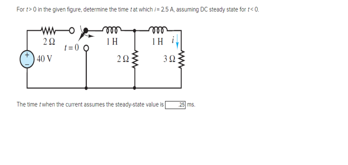 For t> 0 in the given figure, determine the time that which /= 2.5 A, assuming DC steady state for t<0.
wwo
292
40 V
t=0 O
m
1H
292
m
| H
3 Ω
The time t when the current assumes the steady-state value is
25 ms.
