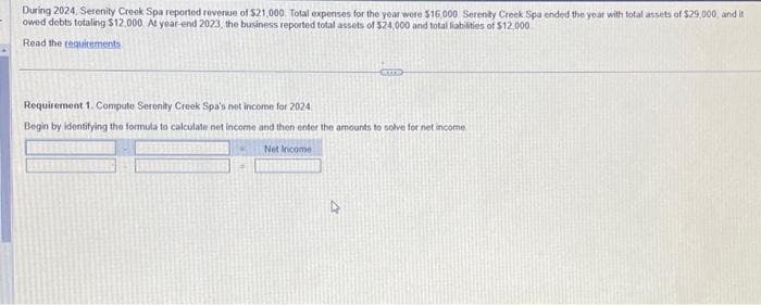 During 2024, Serenity Creek Spa reported revenue of $21,000 Total expenses for the year were $16,000 Serenity Creek Spa ended the year with total assets of $29,000, and it
owed debts totaling $12,000. At year-end 2023, the business reported total assets of $24,000 and total liabilities of $12,000
Read the requirements
Requirement 1. Compute Serenity Creek Spa's net income for 2024
Begin by identifying the formula to calculate net income and then enter the amounts to solve for net income.
Net Income