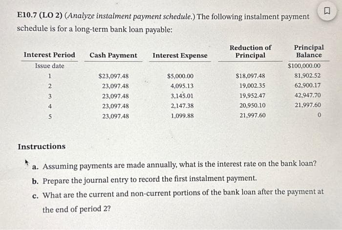 E10.7 (LO 2) (Analyze instalment payment schedule.) The following instalment payment
schedule is for a long-term bank loan payable:
Interest Period
Issue date
1
2
3
4
5
Instructions
Cash Payment
$23,097.48
23,097.48
23,097.48
23,097.48
23,097.48
Interest Expense
$5,000.00
4,095.13
3,145.01
2,147.38
1,099.88
Reduction of
Principal
$18,097.48
19,002.35
19,952.47
20,950.10
21,997.60
Principal
Balance
$100,000.00
81,902.52
62,900.17
42,947.70
21,997.60
0
☐
a. Assuming payments are made annually, what is the interest rate on the bank loan?
b. Prepare the journal entry to record the first instalment payment.
c. What are the current and non-current portions of the bank loan after the payment at
the end of period 2?
Σ