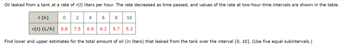 Oil leaked from a tank at a rate of r(t) liters per hour. The rate decreased as time passed, and values of the rate at two-hour time intervals are shown in the table.
t (h)
681 10
r(t) (L/h) 8.8 7.5 6.9 6.2 5.7 5.3
0
2
4
Find lower and upper estimates for the total amount of oil (in liters) that leaked from the tank over the interval [0, 10]. (Use five equal subintervals.)