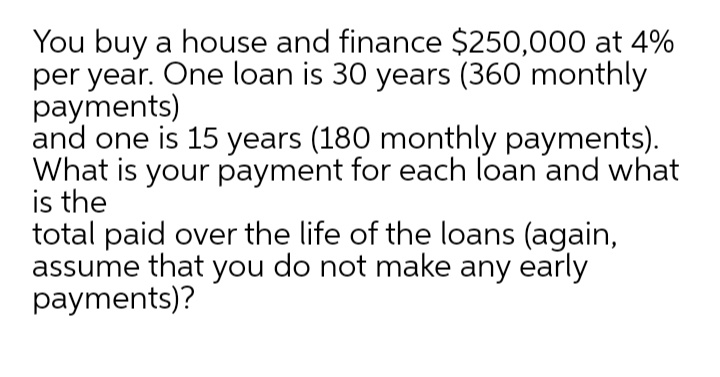 You buy a house and finance $250,000 at 4%
per year. One loan is 30 years (360 monthly
payments)
and one is 15 years (180 monthly payments).
What is your payment for each loan and what
is the
total paid over the life of the loans (again,
assume that you do not make any early
payments)?
