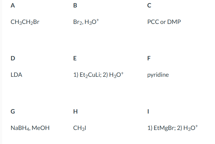 A
B
CH3CH2Br
Br2, H3O+
C
PCC or DMP
D
E
LDA
1) Et₂CuLi; 2) H3O+
F
G
H
I
NaBH4, MeOH
CH31
pyridine
1) EtMgBr; 2) H3O+