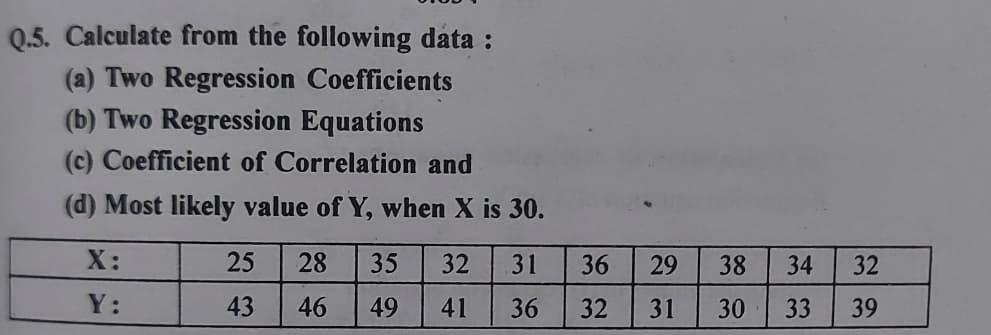 Q.5. Calculate from the following data :
(a) Two Regression Coefficients
(b) Two Regression Equations
(c) Coefficient of Correlation and
(d) Most likely value of Y, when X is 30.
Х:
25
28
35
32
31
36
29
38
34
32
Y:
43
46
49
41
36
32
31
30
33
39
