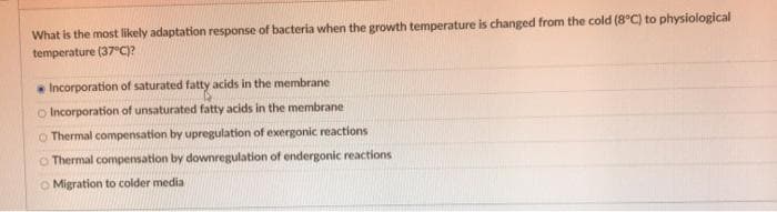 What is the most likely adaptation response of bacteria when the growth temperature is changed from the cold (8°C) to physiological
temperature (37°C)?
Incorporation of saturated fatty acids in the membrane
o Incorporation of unsaturated fatty acids in the membrane
O Thermal compensation by upregulation of exergonic reactions
O Thermal compensation by downregulation of endergonic reactions
O Migration to colder media
