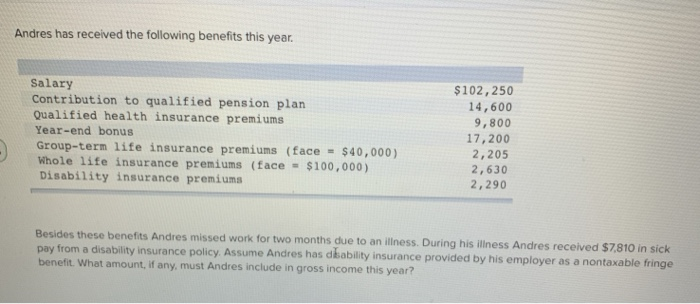 Andres has received the following benefits this year.
Salary
Contribution to qualified pension plan
Qualified health insurance premiums
Year-end bonus
Group-term life insurance premiums (face = $40,000)
Whole life insurance premiums (face = $100,000)
Disability insurance premiums
$102,250
14,600
9,800
17,200
2,205
2,630
2,290
Besides these benefits Andres missed work for two months due to an illness. During his illness Andres received $7,810 in sick
pay from a disability insurance policy. Assume Andres has disability insurance provided by his employer as a nontaxable fringe
benefit. What amount, if any, must Andres include in gross income this year?