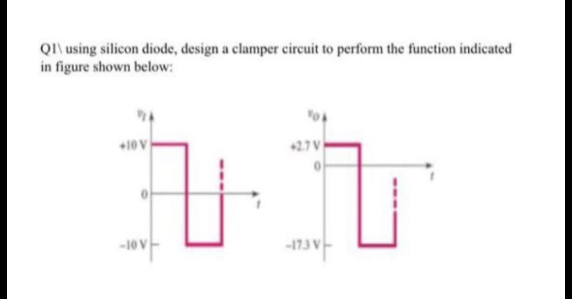 QI\ using silicon diode, design a clamper circuit to perform the function indicated
in figure shown below:
+10 V
+2.7V
-10 V
-173 V

