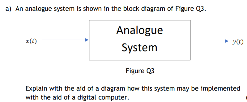 a) An analogue system is shown in the block diagram of Figure Q3.
Analogue
x(t)
y(t)
System
Figure Q3
Explain with the aid of a diagram how this system may be implemented
with the aid of a digital computer.
