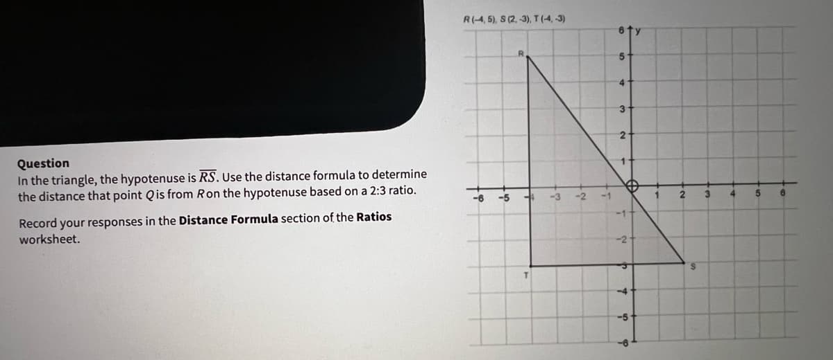 R(-4, 5), S (2, 3), T (-4, -3)
6ty
51
4.
3
2.
Question
In the triangle, the hypotenuse is RS. Use the distance formula to determine
the distance that point Qis from Ron the hypotenuse based on a 2:3 ratio.
-6
-5
-3
-2
-1
3
4.
Record your responses in the Distance Formula section of the Ratios
worksheet.
--
2.
