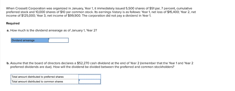 When Crossett Corporation was organized in January, Year 1, it immediately issued 5,500 shares of $51 par, 7 percent, cumulative
preferred stock and 10,000 shares of $10 par common stock. Its earnings history is as follows: Year 1, net loss of $15,400; Year 2, net
income of $125,000; Year 3, net income of $99,900. The corporation did not pay a dividend in Year 1.
Required
a. How much is the dividend arrearage as of January 1, Year 2?
Dividend arrearage
b. Assume that the board of directors declares a $52,270 cash dividend at the end of Year 2 (remember that the Year 1 and Year 2
preferred dividends are due). How will the dividend be divided between the preferred and common stockholders?
Total amount distributed to preferred shares
Total amount distributed to common shares