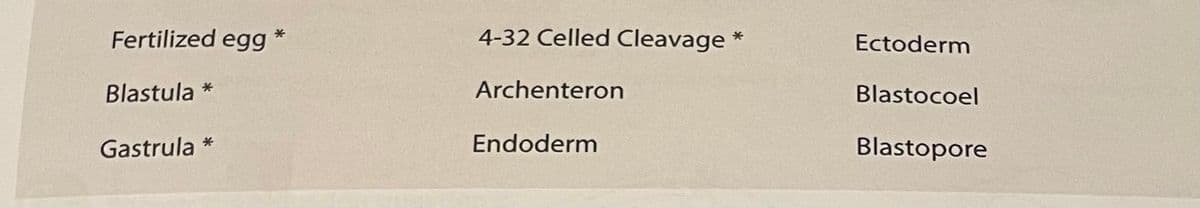 Fertilized egg
4-32 Celled Cleavage
Ectoderm
Blastula *
Archenteron
Blastocoel
Gastrula *
Endoderm
Blastopore
