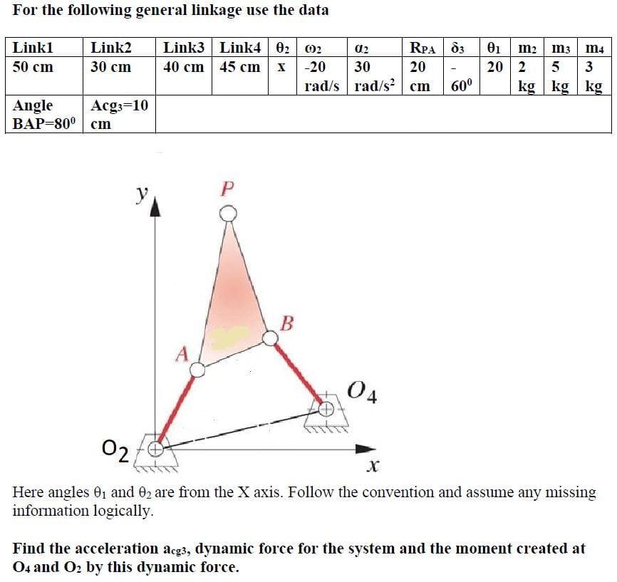 For the following general linkage use the data
Link3 Link4 02 02
40 cm 45 cm x -20
01 m2 | m3 | m4
20 2
kg kg kg
Link1
Link2
RPA 03
50 сm
30 cm
30
20
5
3
rad/s rad/s2 cm
600
Angle
ВАР-800 | сcm
Acg3=10
B
04
02
Here angles 01 and 02 are from the X axis. Follow the convention and assume any missing
information logically.
Find the acceleration acg3, dynamic force for the system and the moment created at
O4 and O2 by this dynamic force.
