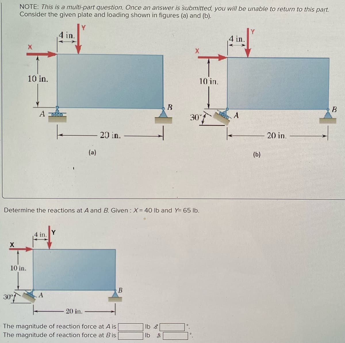 X
NOTE: This is a multi-part question. Once an answer is submitted, you will be unable to return to this part.
Consider the given plate and loading shown in figures (a) and (b).
10 in.
30°
10 in.
A
4 in.
A
A
4 in.
|
Determine the reactions at A and B. Given : X= 40 lb and Y= 65 lb.
- 20 in.
20 in.
(a)
The magnitude of reaction force at A is
The magnitude of reaction force at B is
B
lb
B
A
X
10 in.
30°
(b)
20 in.
B