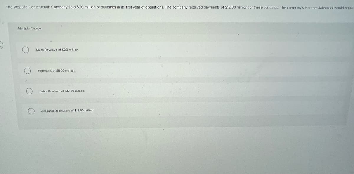 The WeBuild Construction Company sold $20 million of buildings in its first year of operations. The company received payments of $12.00 million for these buildings. The company's income statement would report
Multiple Choice
Sales Revenue of $20 million.
Expenses of $8.00 million.
Sales Revenue of $12.00 million.
Accounts Receivable of $12.00 million.
O