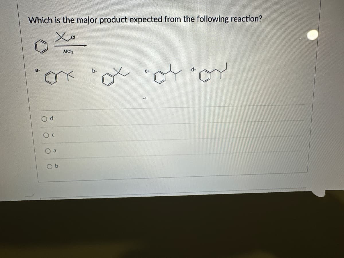 Which is the major product expected from the following reaction?
AlCl3
b-
'ox ox of or
d
a
Ob