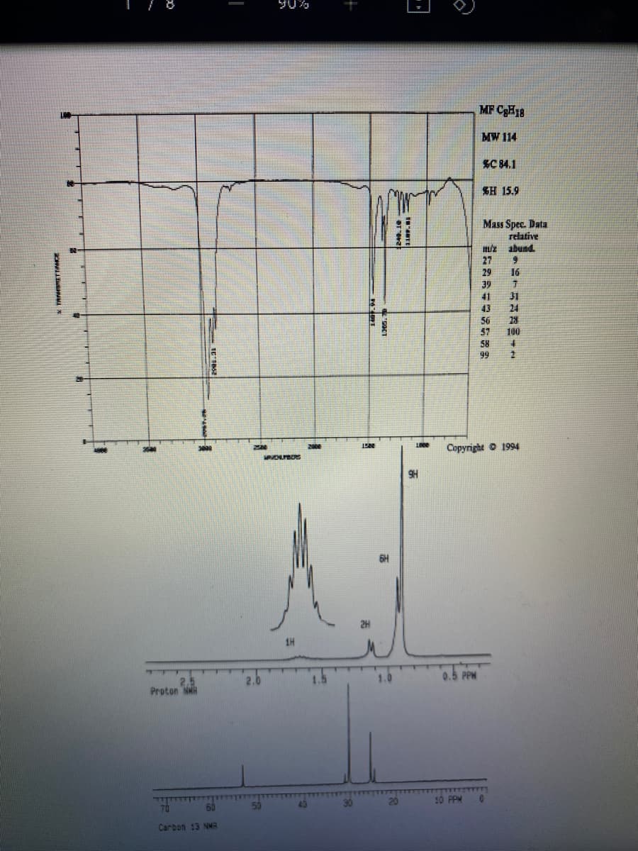 TAMENETTANCE
Proton NMH
60
Carbon 13 NMR
90%
HAVENUMBERS
for
1905.
6H
1.0
D
STERKE
Ĉ
9H
0.5 PPM
MF CH18
MW 114
10 PPM
SH 15.9
這发行的60個音
Mass Spec. Data
relative
MAX abund.
27
9
29 16
7
41 31
39
43 24
56
1000 Copyright © 1994
28
100
58 +
99 1
0