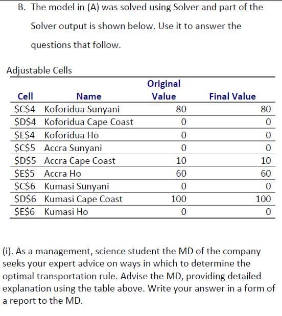 B. The model in (A) was solved using Solver and part of the
Solver output is shown below. Use it to answer the
questions that follow.
Adjustable Cells
Original
Cell
Name
Value
Final Value
$C$4 Koforidua Sunyani
$D$4 Koforidua Cape Coast
SE$4
$C$5 Accra Sunyani
SD$5 Accra Cape Coast
SE$5
$C$6 Kumasi Sunyani
$D$6 Kumasi Cape Coast
SE$6 Kumasi Ho
80
80
Koforidua Ho
10
10
Accra Ho
60
60
100
100
(i). As a management, science student the MD of the company
seeks your expert advice on ways in which to determine the
optimal transportation rule. Advise the MD, providing detailed
explanation using the table above. Write your answer in a form of
a report to the MD.
