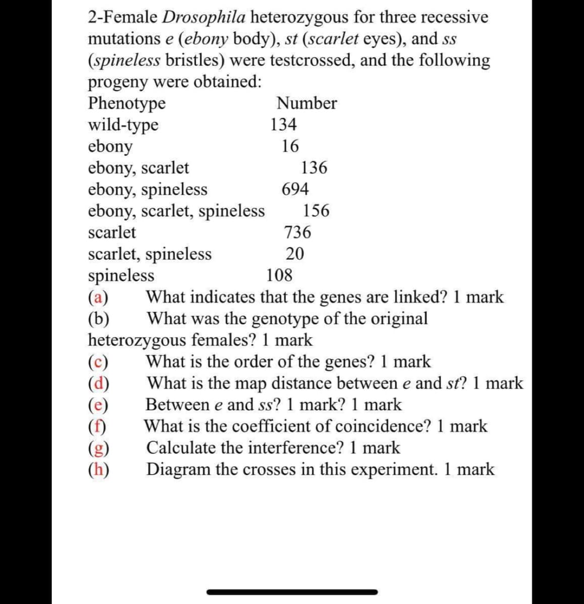 2-Female Drosophila heterozygous for three recessive
mutations e (ebony body), st (scarlet eyes), and ss
(spineless bristles) were testcrossed, and the following
progeny were obtained:
Phenotype
wild-type
ebony
ebony, scarlet
ebony, spineless
ebony, scarlet, spineless
scarlet
scarlet, spineless
spineless
(a)
(b)
Number
134
16
(c)
(d)
(f)
(h)
136
694
156
736
20
108
What indicates that the genes are linked? 1 mark
What was the genotype of the original
heterozygous females? 1 mark
What is the order of the genes? 1 mark
What is the map distance between e and st? 1 mark
Between e and ss? 1 mark? 1 mark
What is the coefficient of coincidence? 1 mark
Calculate the interference? 1 mark
Diagram the crosses in this experiment. 1 mark