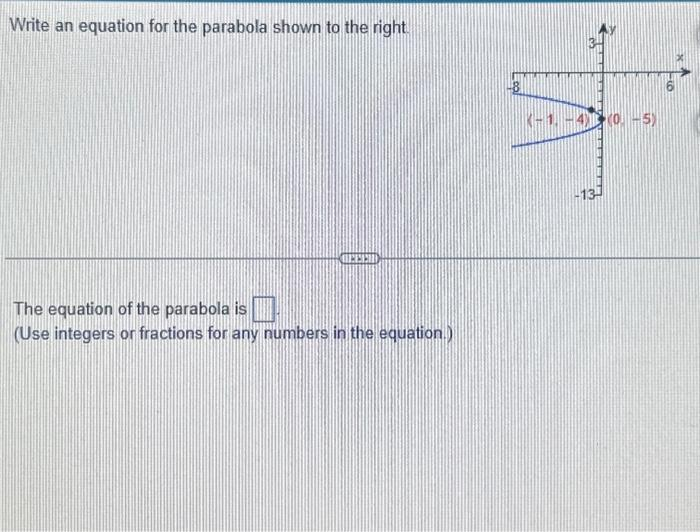 Write an equation for the parabola shown to the right.
The equation of the parabola is
(Use integers or fractions for any numbers in the equation.)
(-1,-4) (0-5)
137
10