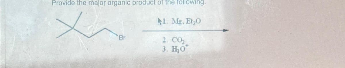Provide the major organic product of the following.
1. Mg. Et₂0
X
2. CO₂,
3. H₂0
Br