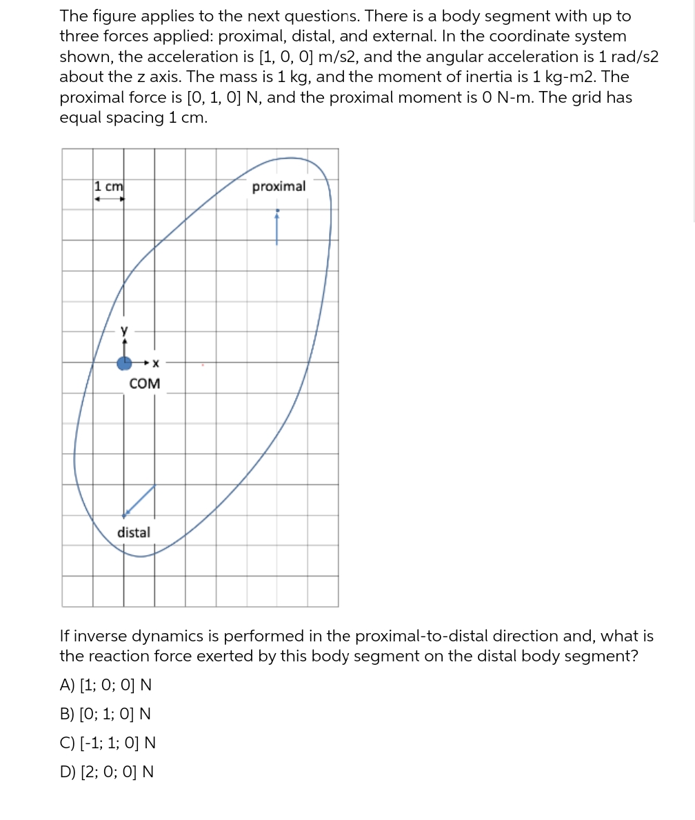 The figure applies to the next questions. There is a body segment with up to
three forces applied: proximal, distal, and external. In the coordinate system
shown, the acceleration is [1, O, 0] m/s2, and the angular acceleration is 1 rad/s2
about the z axis. The mass is 1 kg, and the moment of inertia is 1 kg-m2. The
proximal force is [0, 1, 0] N, and the proximal moment is 0 N-m. The grid has
equal spacing 1 cm.
1 cm
proximal
COM
distal
If inverse dynamics is performed in the proximal-to-distal direction and, what is
the reaction force exerted by this body segment on the distal body segment?
A) [1; 0; 0] N
B) [0; 1; 0] N
C) [-1; 1; 0] N
D) [2; 0; 0] N
