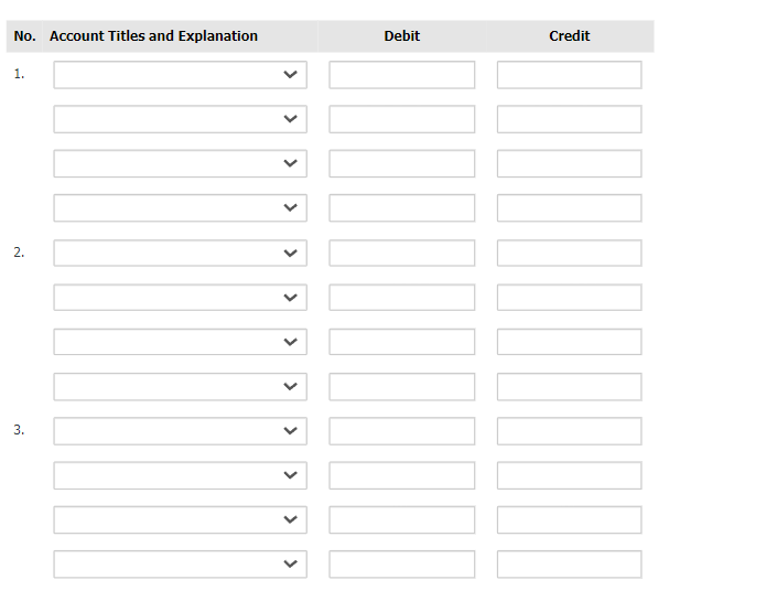 No. Account Titles and Explanation
1.
2.
3.
>
Debit
Credit
>
>
>
>
> > >
>
>
>
>