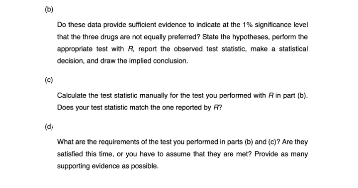 (b)
Do these data provide sufficient evidence to indicate at the 1% significance level
that the three drugs are not equally preferred? State the hypotheses, perform the
appropriate test with R, report the observed test statistic, make a statistical
decision, and draw the implied conclusion.
(c)
(d)
Calculate the test statistic manually for the test you performed with R in part (b).
Does your test statistic match the one reported by R?
What are the requirements of the test you performed in parts (b) and (c)? Are they
satisfied this time, or you have to assume that they are met? Provide as many
supporting evidence as possible.