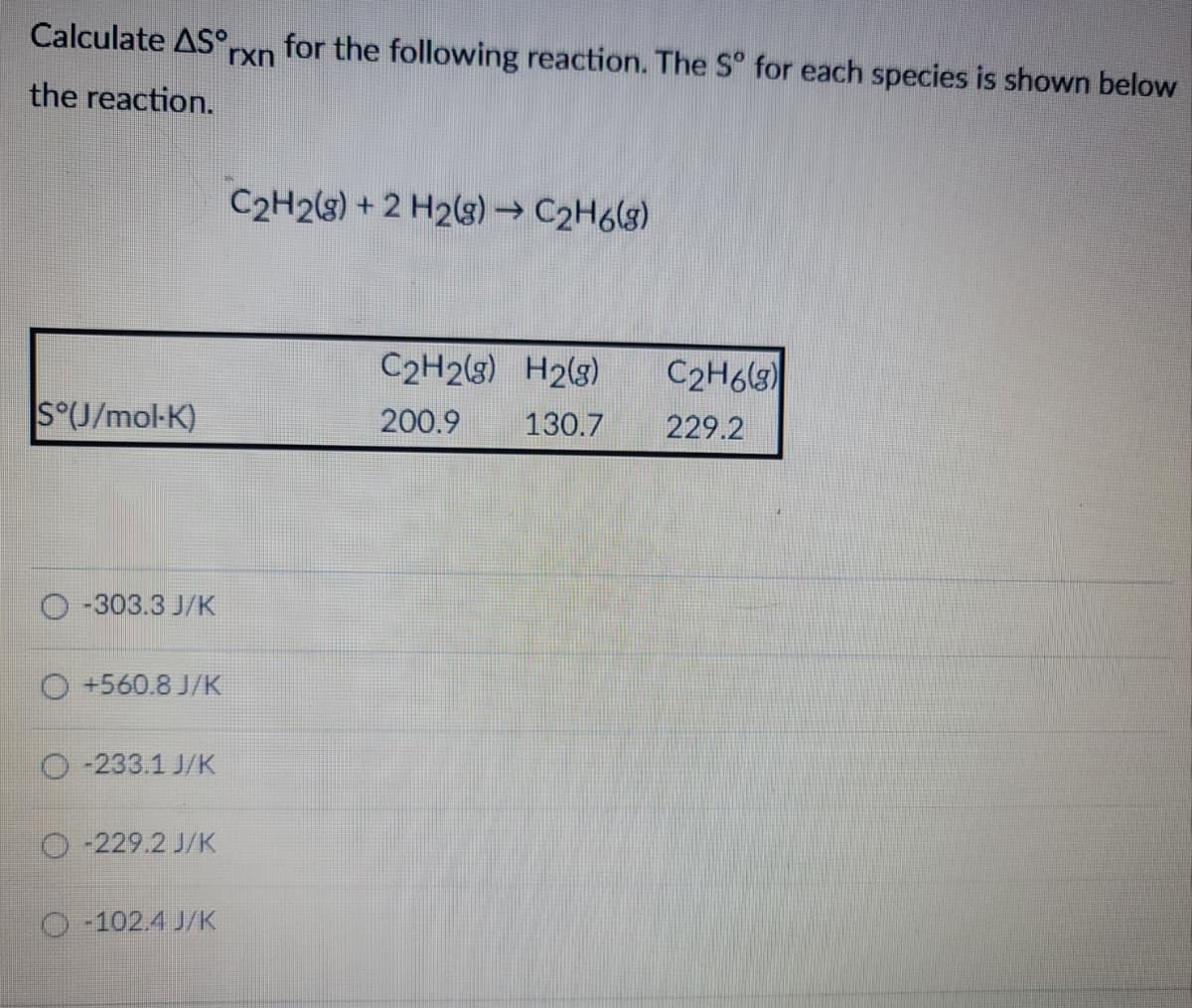 Calculate AS,
rxn
the reaction.
for the following reaction. The S° for each species is shown below
C2H2(g) +2 H2(8) → C2H6(8)
C2H2(g) H2(g)
C2H6(8)
S°(J/mol.K)
200.9
130.7
229.2
-303.3 J/K
+560.8 J/K
-233.1 J/K
-229.2 J/K
-102.4 J/K