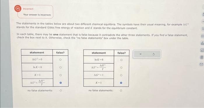 Incorrect
Your answer is incorrect.
The statements in the tables below are about two different chemical equilibria. The symbols have their usual meaning, for example AG"
stands for the standard Gibbs free energy of reaction and X stands for the equilibrium constant.
In each table, there may be one statement that is false because it contradicts the other three statements. If you find a false statement,
check the box next to it. Otherwise, check the "no false statements" box under the table.
statement
AG >0
In K<0
K>1
AS <
AH"
T
no false statements:
false?
O
O
O
0
statement
In K 0
AS-
AH
T
AG 1
K=1
no false statements:
false?
O
O
O
O
6
O
E
dla
A