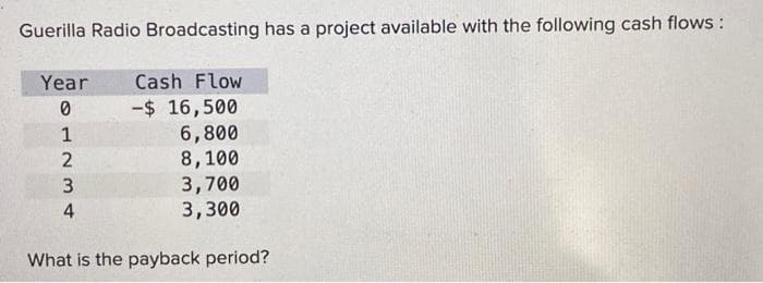 Guerilla Radio Broadcasting has a project available with the following cash flows:
Year Cash Flow
0
1
71
2
3
4
-$ 16,500
6,800
8,100
3,700
3,300
What is the payback period?