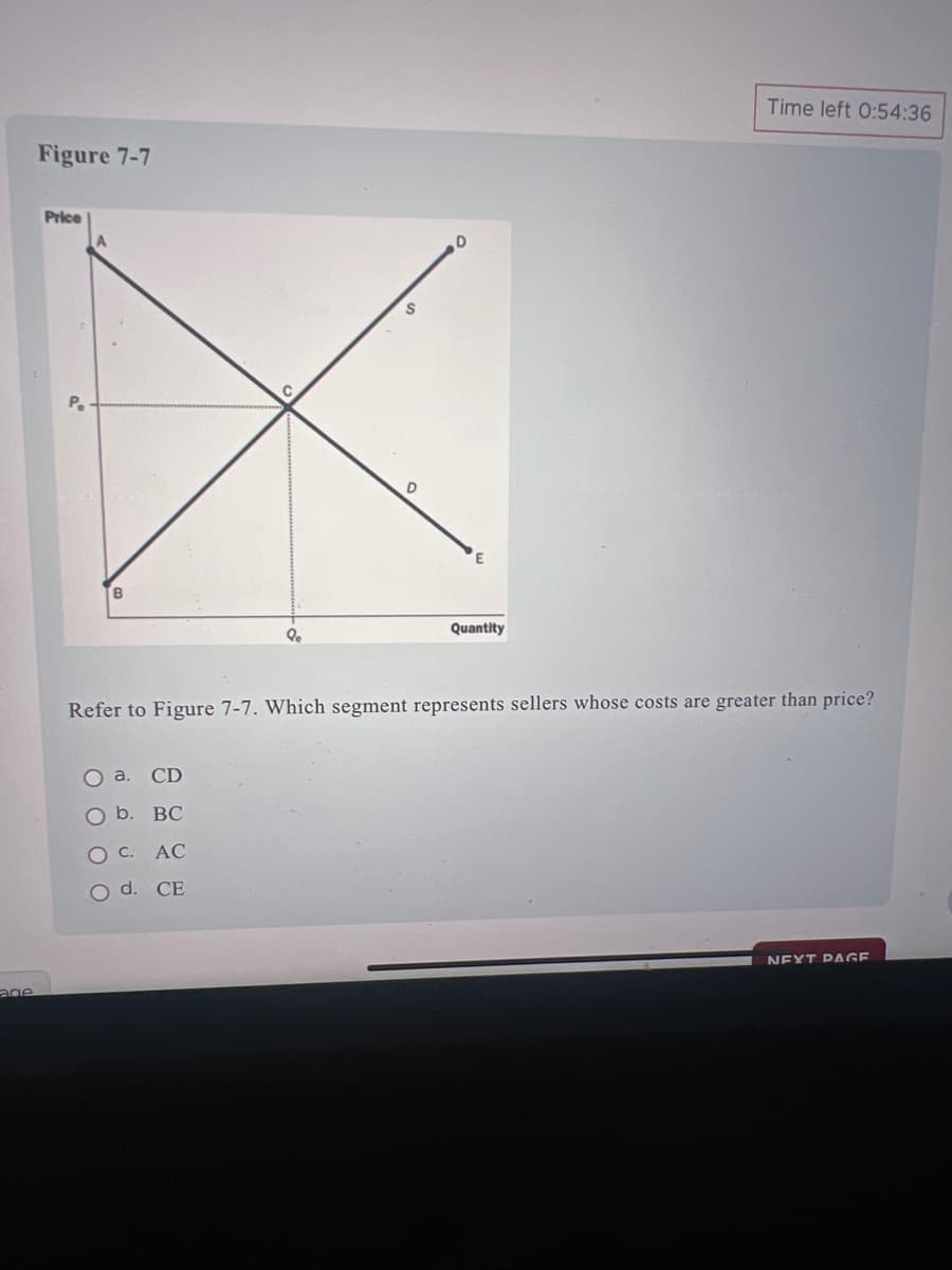 age
Figure 7-7
Price
A
B
a. CD
b. BC
Pe
O C.
AC
O d. CE
S
D
E
Quantity
Refer to Figure 7-7. Which segment represents sellers whose costs are greater than price?
Time left 0:54:36
NEXT PAGE