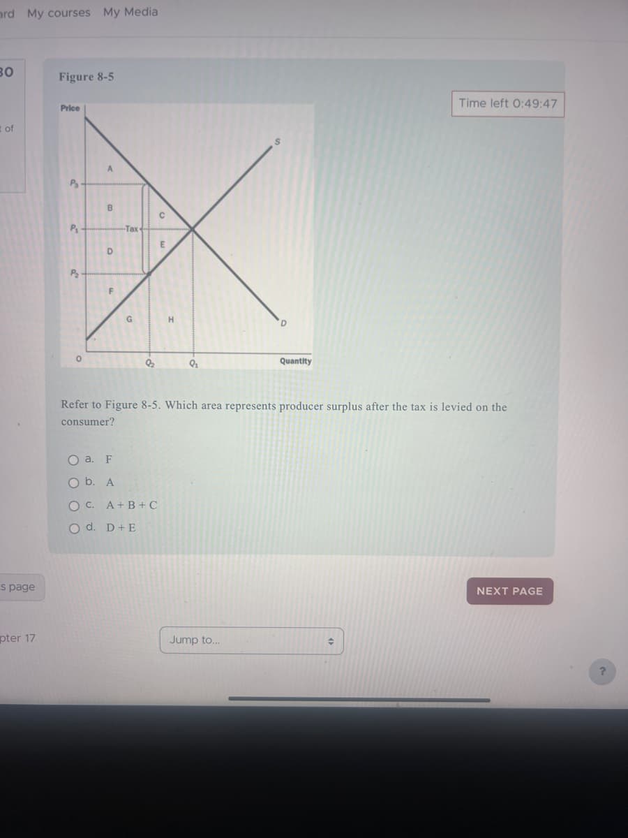 ard My courses My Media
30
t of
s page
pter 17
Figure 8-5
Price
Pa
P₁
P₂
0
B
D
F
Tax
G
8₂
C
O a. F
O b. A
OC. A+B+C
O d. D+E
E
H
9₁₂
D
Jump to...
Quantity
Refer to Figure 8-5. Which area represents producer surplus after the tax is levied on the
consumer?
Time left 0:49:47
NEXT PAGE
?