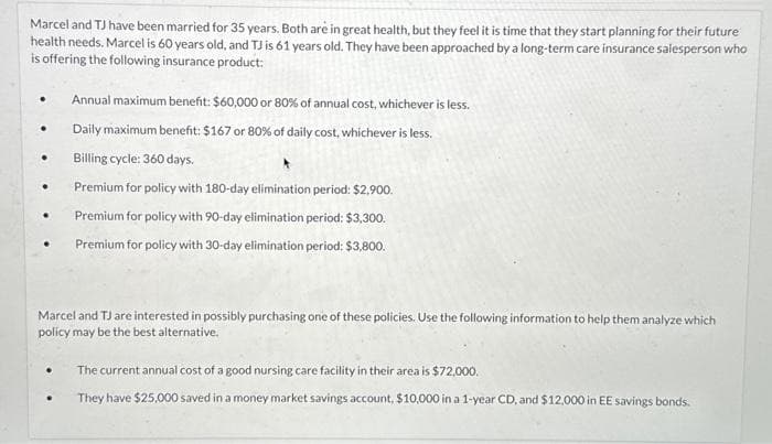 Marcel and TJ have been married for 35 years. Both are in great health, but they feel it is time that they start planning for their future
health needs. Marcel is 60 years old, and TJ is 61 years old. They have been approached by a long-term care insurance salesperson who
is offering the following insurance product:
●
●
.
.
.
Marcel and TJ are interested in possibly purchasing one of these policies. Use the following information to help them analyze which
policy may be the best alternative.
.
Annual maximum benefit: $60,000 or 80% of annual cost, whichever is less.
Daily maximum benefit: $167 or 80% of daily cost, whichever is less.
Billing cycle: 360 days.
Premium for policy with 180-day elimination period: $2,900.
Premium for policy with 90-day elimination period: $3,300.
Premium for policy with 30-day elimination period: $3,800.
.
The current annual cost of a good nursing care facility in their area is $72,000.
They have $25,000 saved in a money market savings account, $10,000 in a 1-year CD, and $12,000 in EE savings bonds.