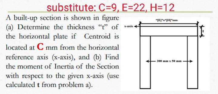 substitute: C=9, E=22, H=12
A built-up section is shown in figure
(a) Determine the thickness "t" of asis
the horizontal plate if Centroid is
"IE])"x"(H]"mm
located at C mm from the horizontal
reference axis (x-axis), and (b) Find
the moment of Inertia of the Section
- 300 mm x 50 mm
with respect to the given x-axis (use
calculated t from problem a).
