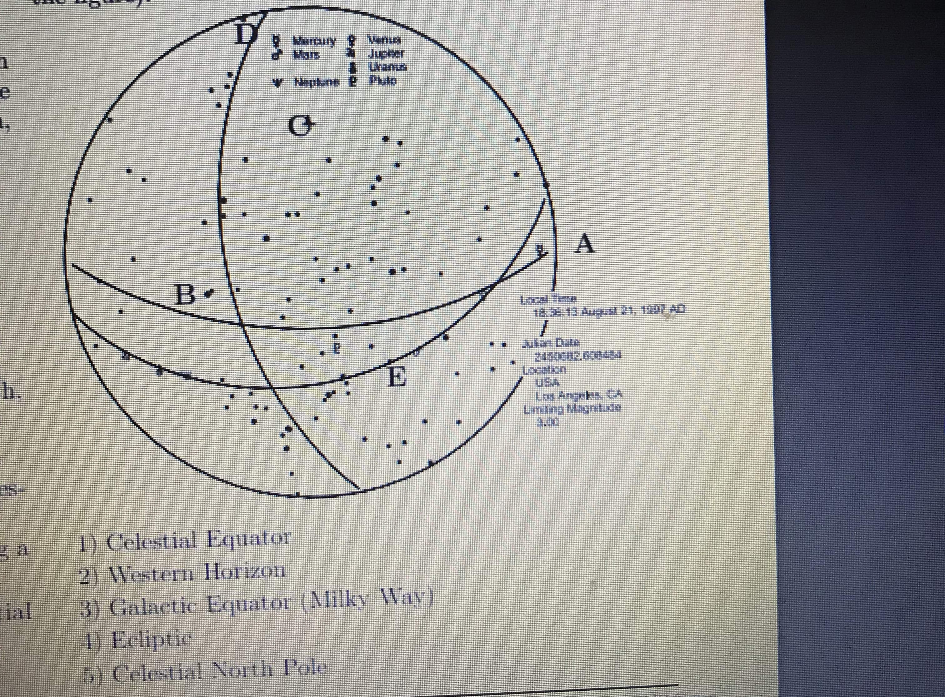 :-12
Vyory
Jueer
irans
Y kyuow
e
A
Lacal
2450e2M.ZM
uSA
Las Argek:s CA
Lmtng Magate
h.
s
1) Celestial Equator
2) Western Horizon
J Galactic Equator (MMillky Way)
1) Bcliptic
b Celestial North P'ole
ial
