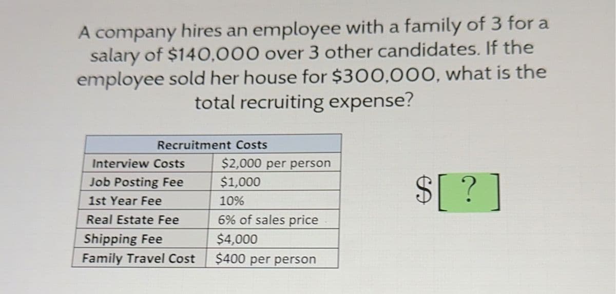 A company hires an employee with a family of 3 for a
salary of $140,000 over 3 other candidates. If the
employee sold her house for $300,000, what is the
total recruiting expense?
Recruitment Costs
Interview Costs
Job Posting Fee
1st Year Fee
Real Estate Fee
Shipping Fee
Family Travel Cost
$2,000 per person
$1,000
10%
6% of sales price
$4,000
$400 per person
$[?]