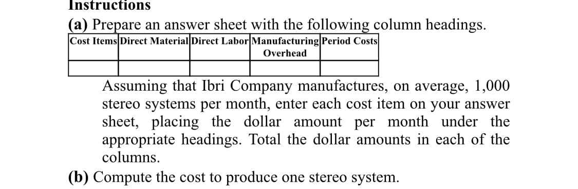 Instructions
(a) Prepare an answer sheet with the following column headings.
Cost Items Direct Material Direct Labor Manufacturing Period Costs
Overhead
Assuming that Ibri Company manufactures, on average, 1,000
stereo systems per month, enter each cost item on your answer
sheet, placing the dollar amount per month under the
appropriate headings. Total the dollar amounts in each of the
columns.
(b) Compute the cost to produce one stereo system.
