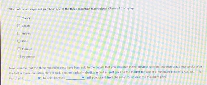 Which of these people will purchase one of the three mountain resort plots? Check all that apply.
Clancy
Eileen
Hubert
Kate
Manuel
Poornima
Now, assume that the three mountain plots have been sold to the people that you indicated in the previous section. Suppose that a few weeks after
the last of those mountain plots is sold, another basically identical mountain plot goes on the market for sale at a minimum price of $732,500. This
fourth plot
be sold, because
will purchase it from the seller for at least the minimum price.
