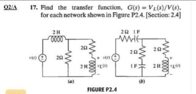 02/A
17. Find the transfer function, G(s) = VL(S)/V(s).
for each network shown in Figure P2.4. [Section: 2.4]
Y(/)
2H
0000
252
(a)
202.
2H
(1)
v2 (1)
FIGURE P2.4
20 IF
wit
20 203
1F
(b)
2H
FLIN