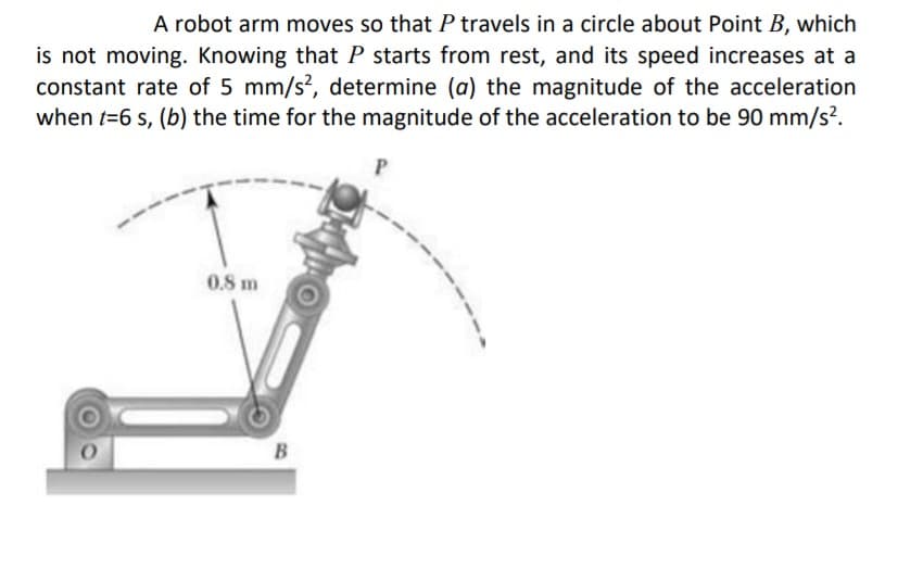 A robot arm moves so that P travels in a circle about Point B, which
is not moving. Knowing that P starts from rest, and its speed increases at a
constant rate of 5 mm/s?, determine (a) the magnitude of the acceleration
when t=6 s, (b) the time for the magnitude of the acceleration to be 90 mm/s?.
0.8 m
B
