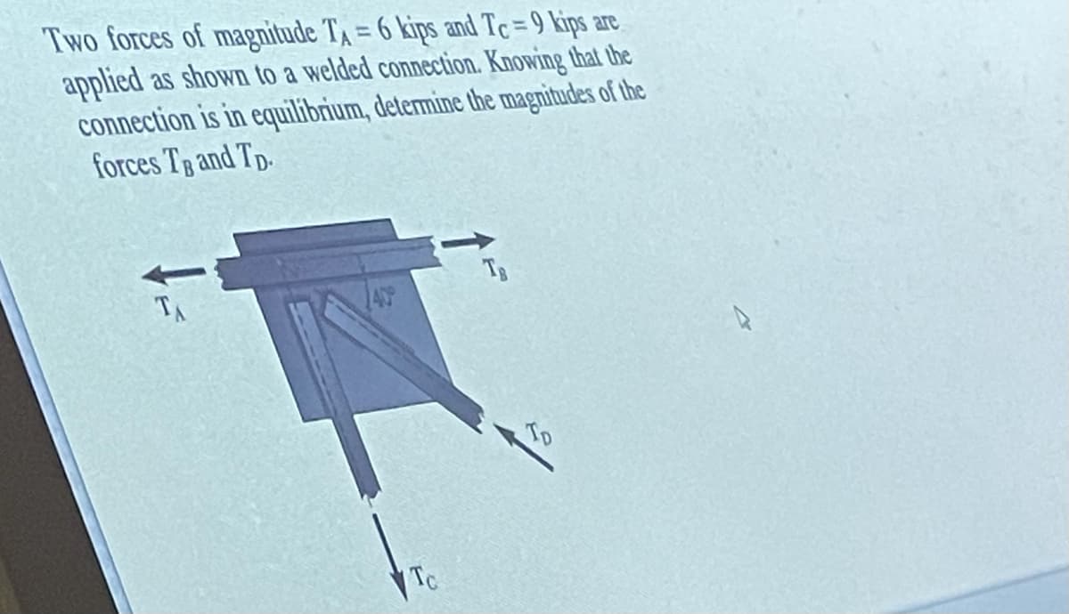Two forces of magnitude TA = 6 kips and Tc = 9 kips are.
applied as shown to a welded connection. Knowing that the
connection is in equilibrium, determine the magnitudes of the
forces Tg and Tp-
%3D
40
To
Tc
