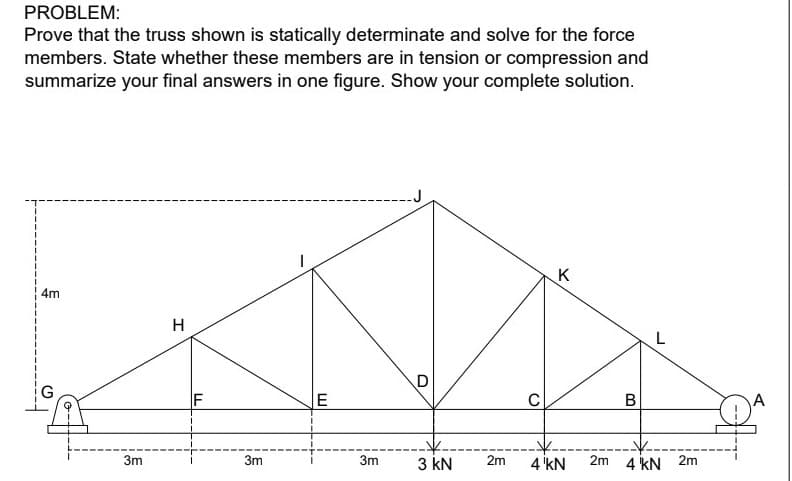 PROBLEM:
Prove that the truss shown is statically determinate and solve for the force
members. State whether these members are in tension or compression and
summarize your final answers in one figure. Show your complete solution.
4m
3m
H
F
3m
E
3m
D
3 kN
2m
C
K
-X.
4 'KN
B
2m 4 kN
2m
A
